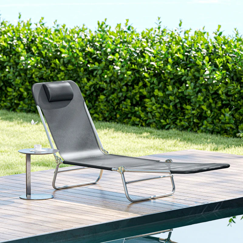 Folding Lounge Chair, Portable Tanning Chair with Adjustable Backrest, Pillow for Beach Poolside Patio, Dark Grey