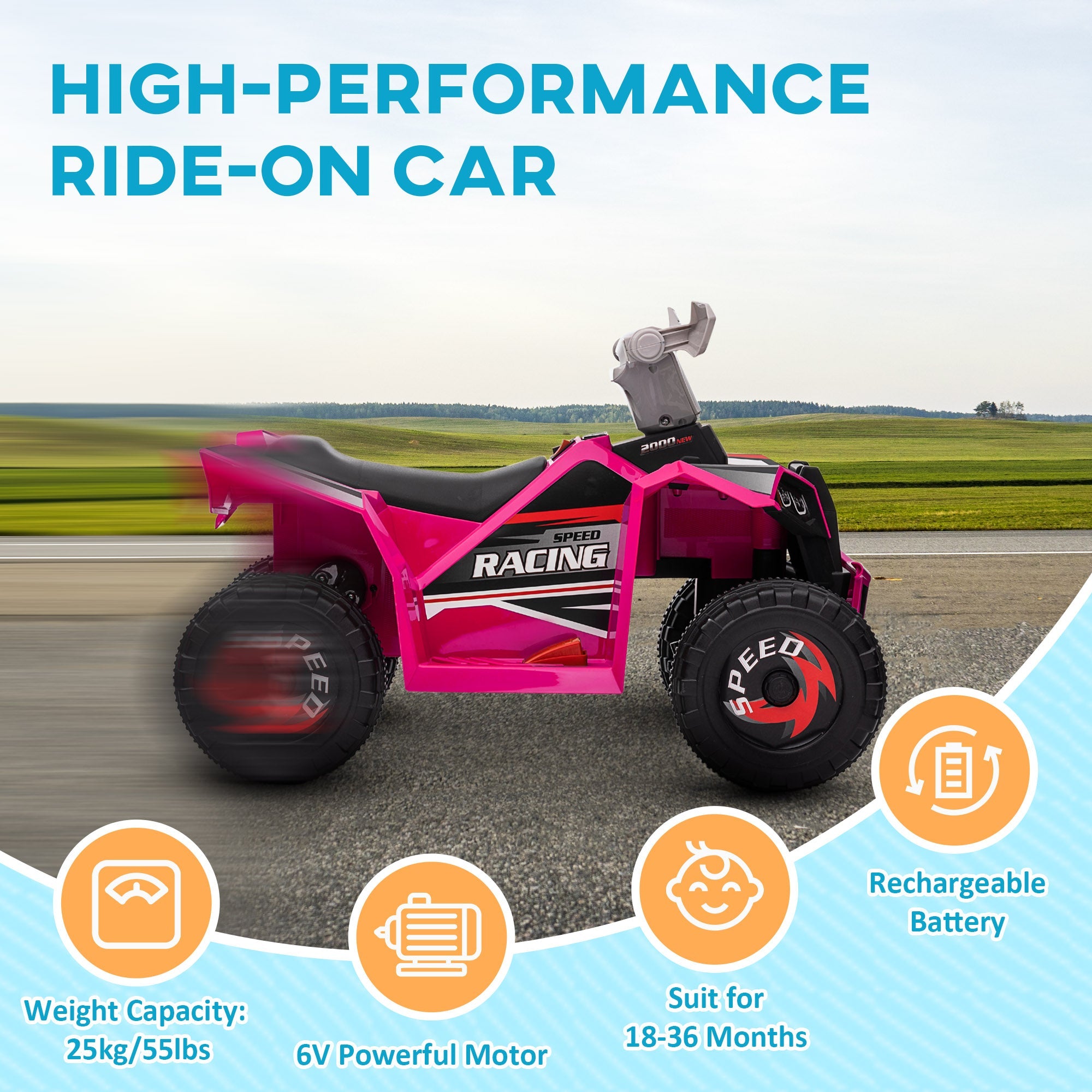 Aosom Ride-On Car: 6V, Quad, Electric, Wear-Resistant Wheels, For Boys/Girls, Pink, Toddler Vehicle 