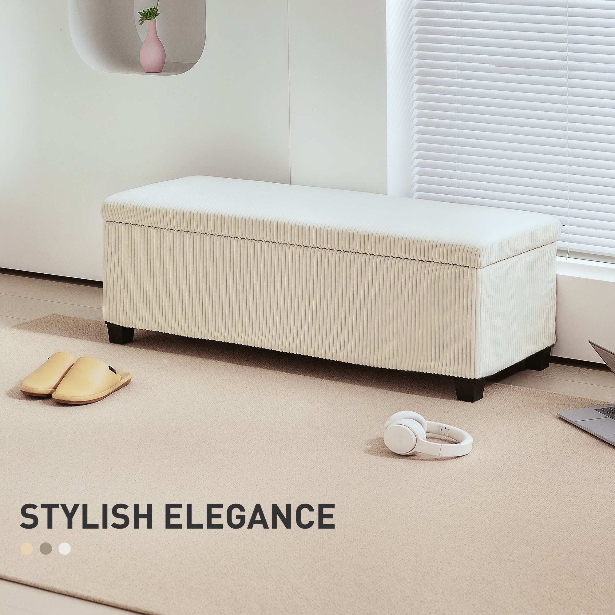HOMCOM 44 Inches Ottoman with Storage, Lid, Legs, Corduroy End of Bed Bench for Living Room, Bedroom, Entryway, Beige 