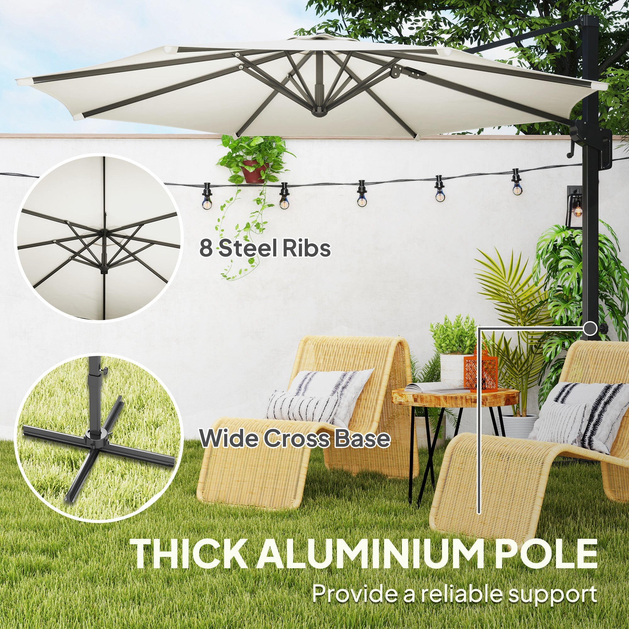 Outsunny 10' Offset Patio Umbrella Cantilever Umbrella with Aluminium Pole 360° Rotation and Tilt Adjustment, White 