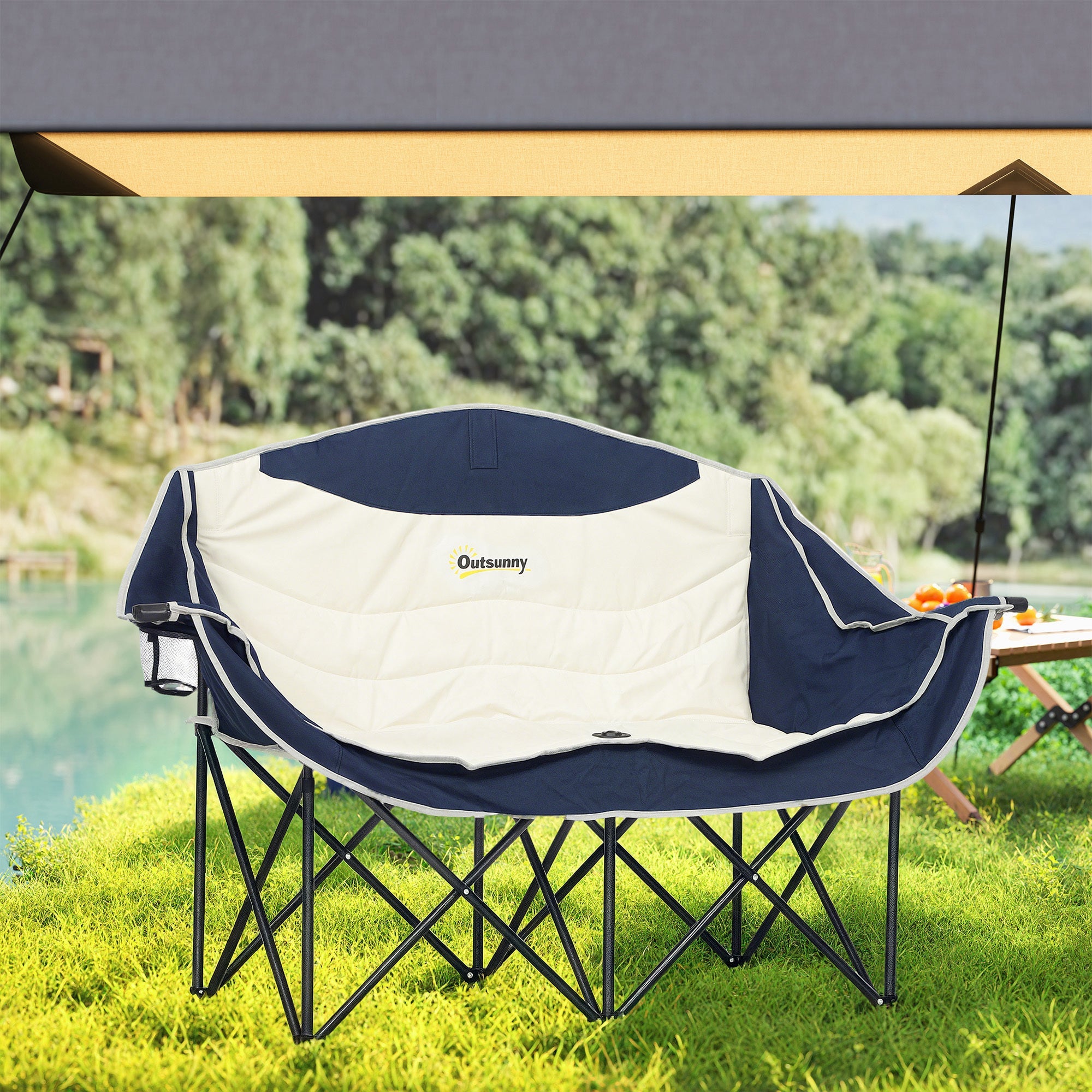 Outsunny Portable Camp Chair, Double Camping Chair with Cup Holders and Carry Bag, Support 551 lbs, Navy Blue 