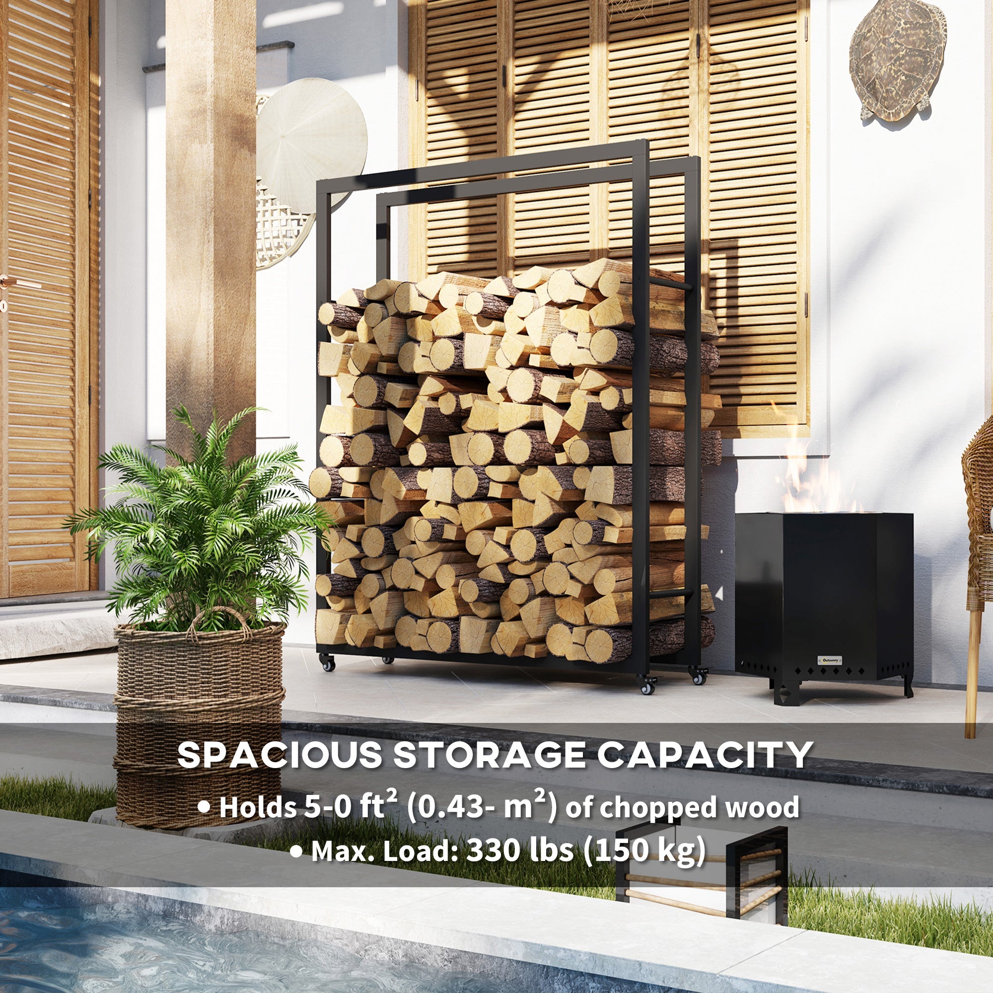 Outsunny Outdoor Firewood Rack with Wheels Heavy Duty Steel Wood Log Storage Stacker for Fireplace, Black 