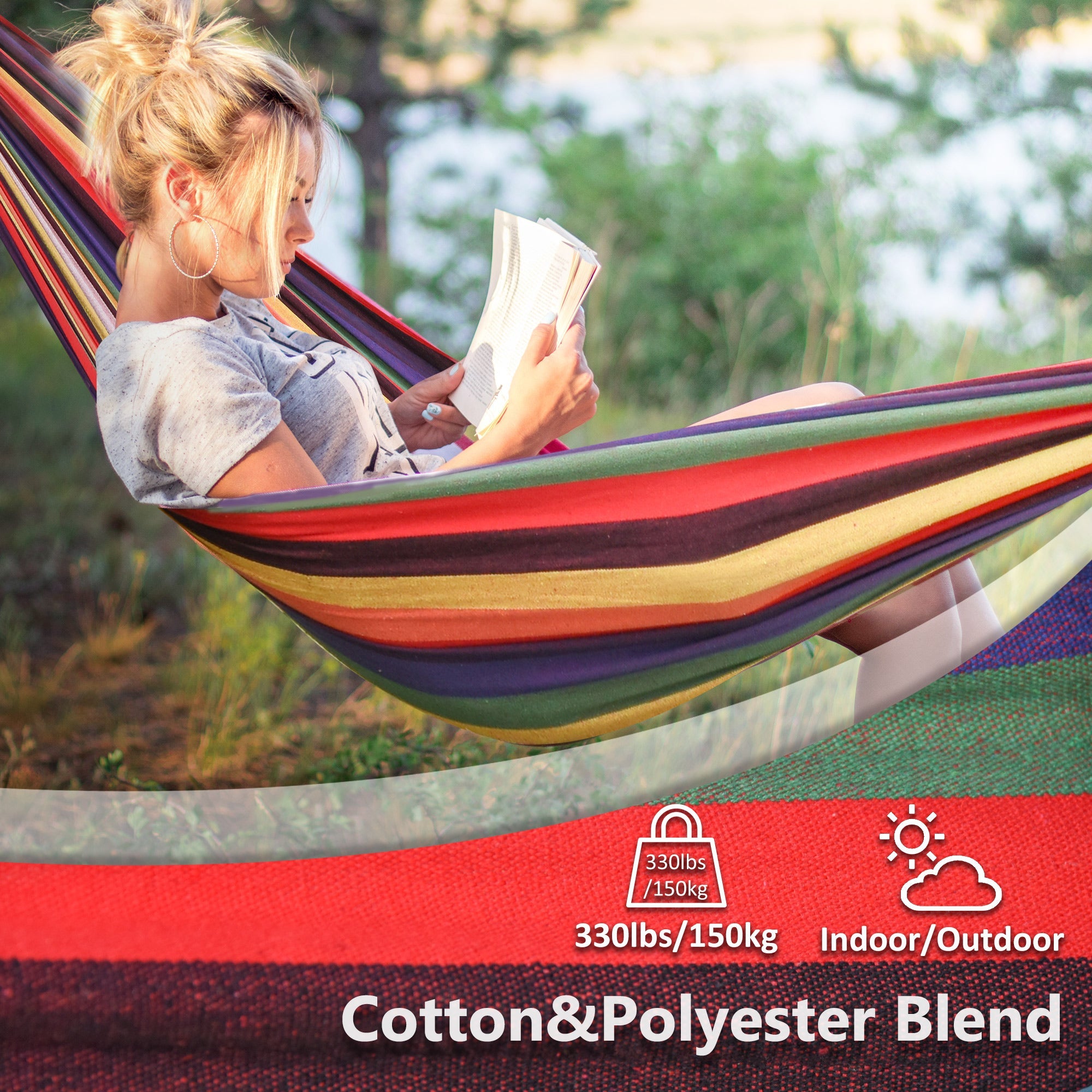 Outsunny Brazilian Hammock Extra Large Cotton Hanging Camping Bed Patio Backyard Lounging Indoor Outdoor Use Carrying Bag 