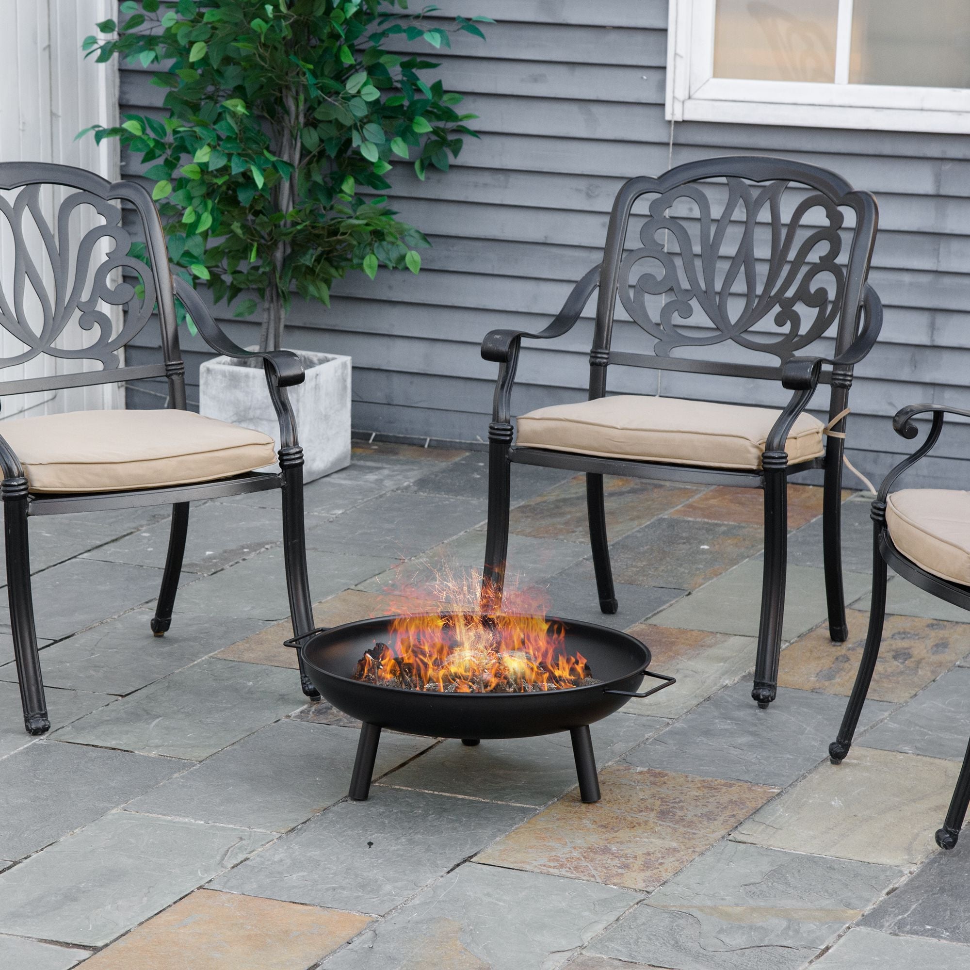 Outsunny 23" Round Outdoor Fire Pit, Portable Firepit Fireplace with Support Legs for Garden, Patio, Camping, Bonfire, Black 