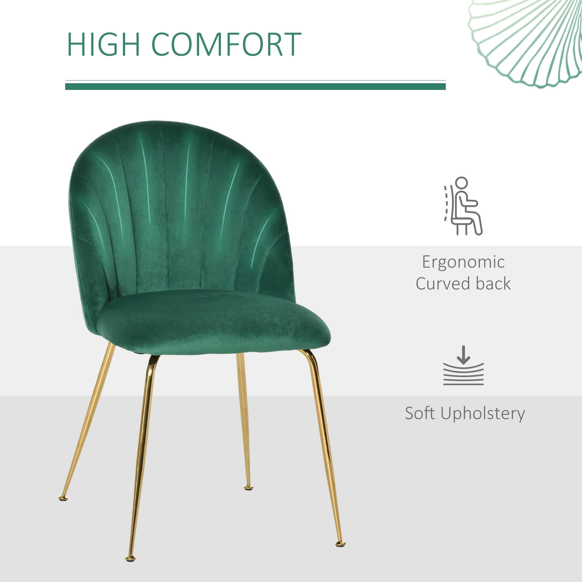 HOMCOM Green Velvet-Touch Fabric Modern Dining Accent Chairs Set of 2 with Gold Metal Legs 