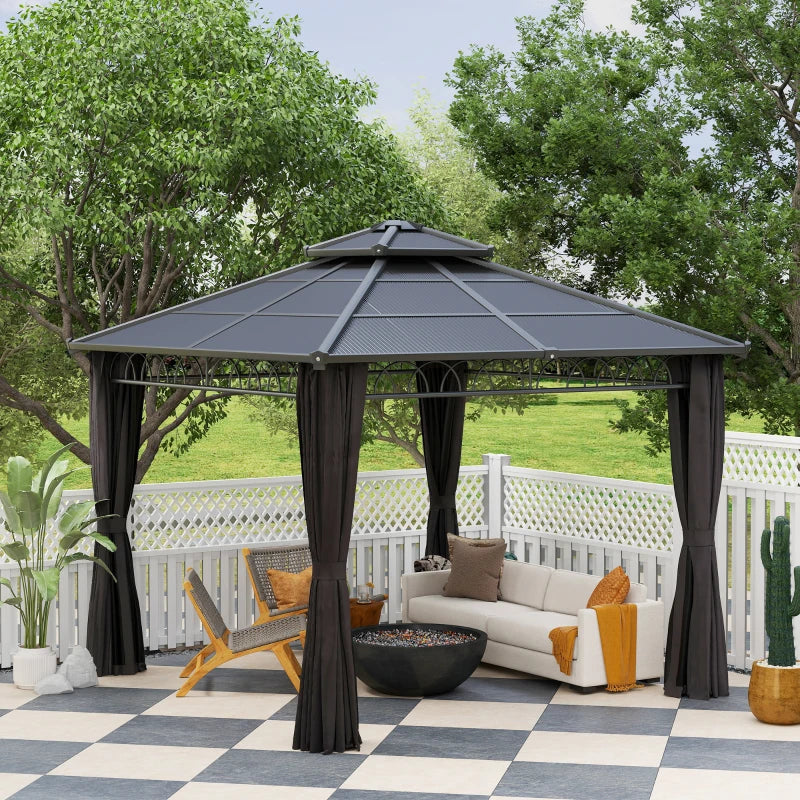 9' x 10' Outdoor Hardtop Gazebo Canopy w/ Double PC Roof, Steel Frame, Nettings, Curtains for Garden Lawn Deck, Black
