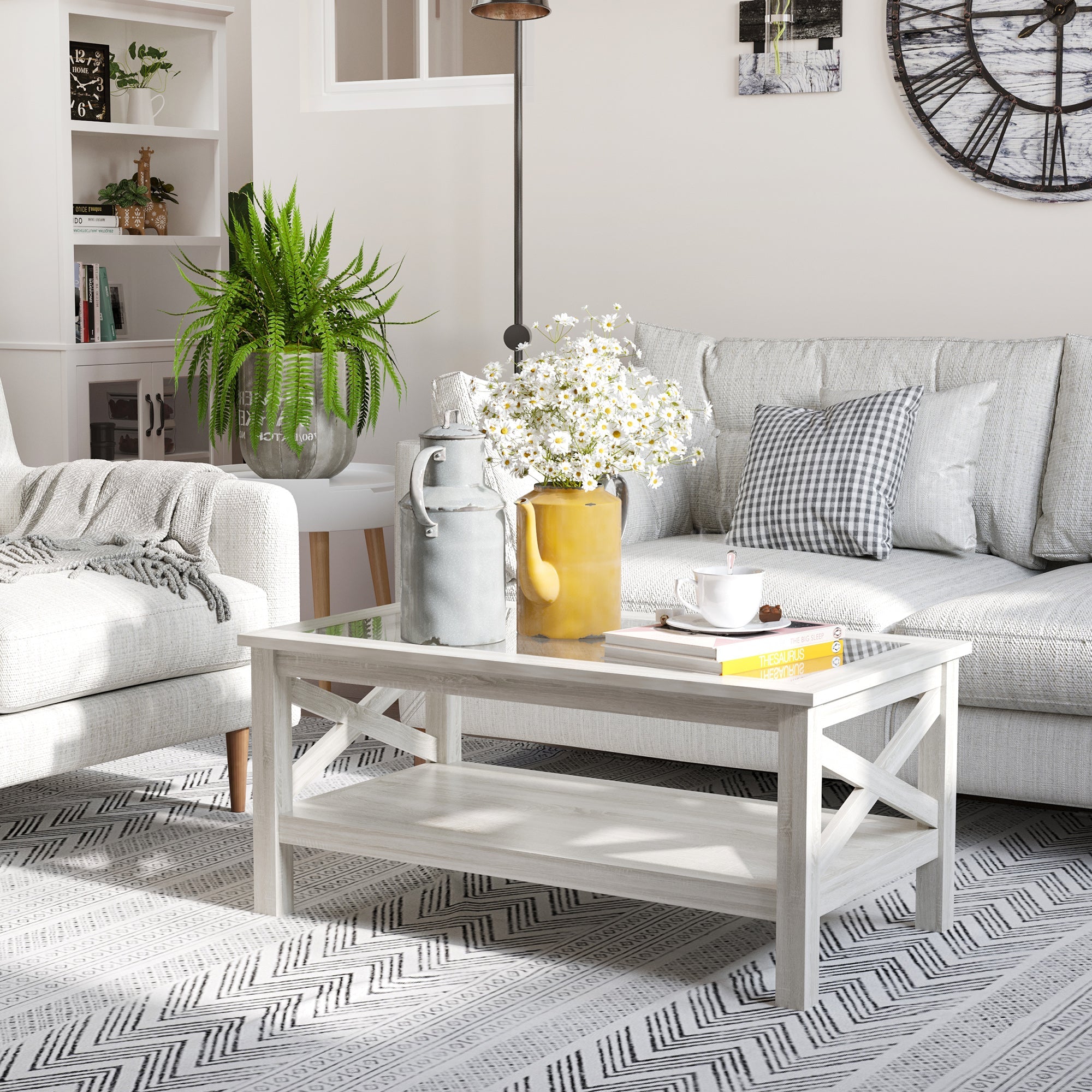 HOMCOM Farmhouse Glass Top Coffee Table: 2-Tier Center Table with Bottom Storage Shelf for Living Room, Bedroom 