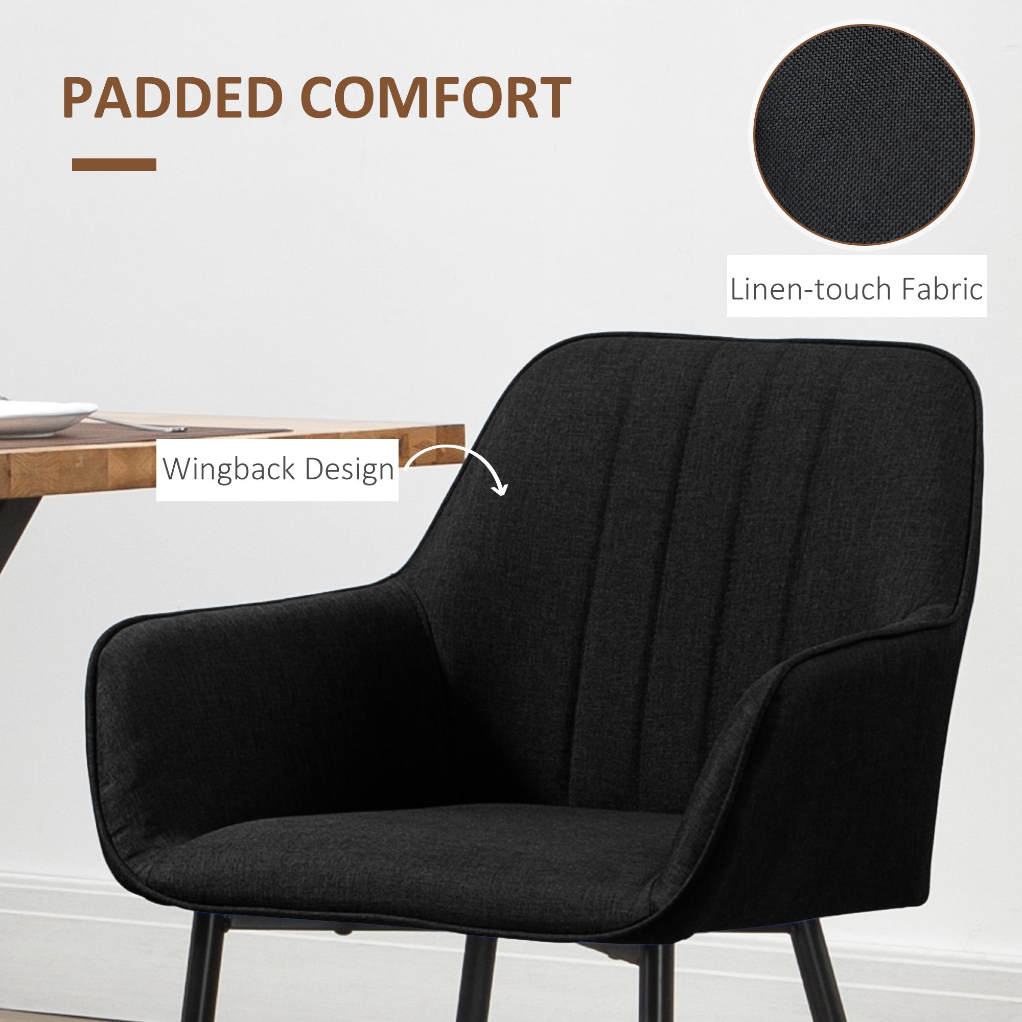 HOMCOM Upholstered Linen Fabric Accent Dining Chairs Set of 2 Metal Legs Black 