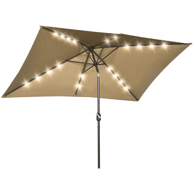 Outsunny Patio Umbrella 6.5x10ft Rectangle Solar LED Outdoor Parasol Aluminum Tilt Market Umbrella Light Coffee 