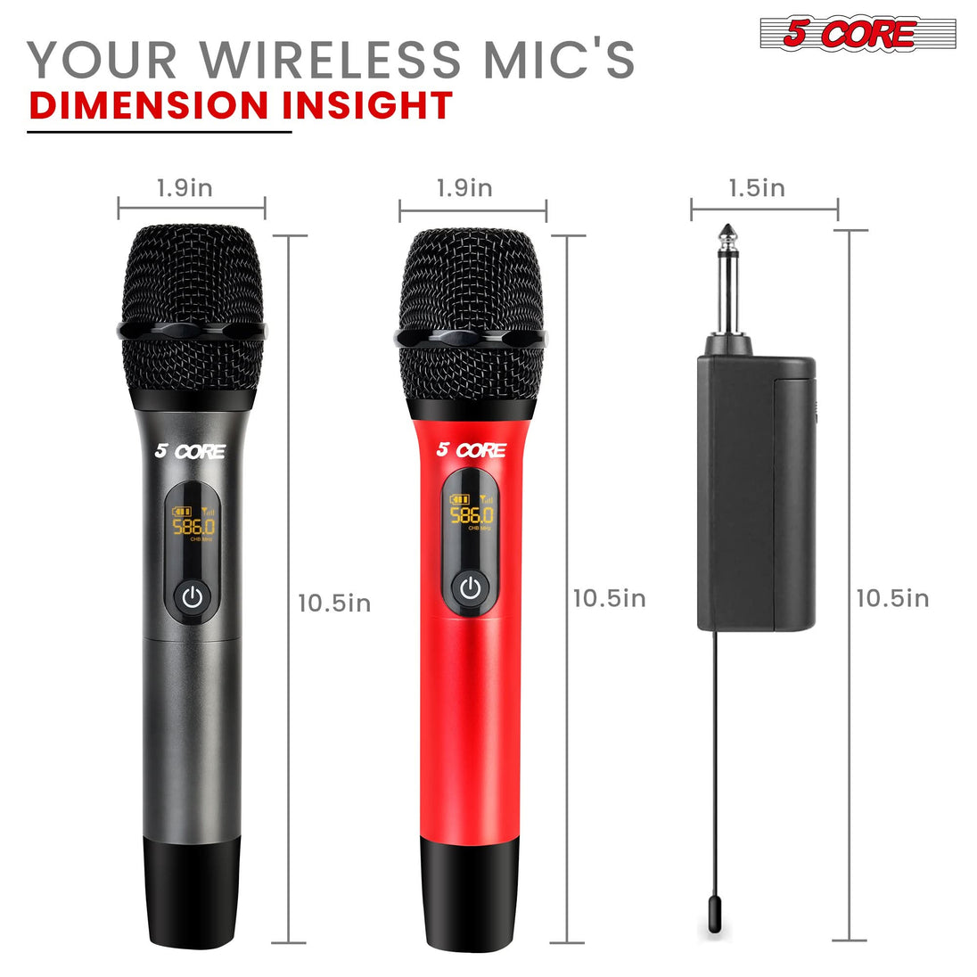 5Core Wireless Microphone Pair UHF Handheld Microfonos Inalambricos Cordless Mic RED + GRAY