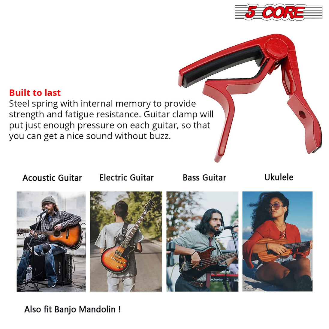 5Core Capo Acoustic Electric Guitar 6 String Kapo Clip For Banjo Mandolin Ukulele RED