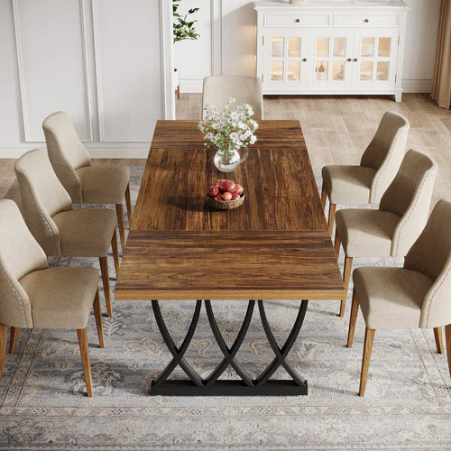 70.8" Dining Table, Rectangular Kitchen Table for 6–8 People with Trestle Base, Industrial Wood Dining Table Brown & White