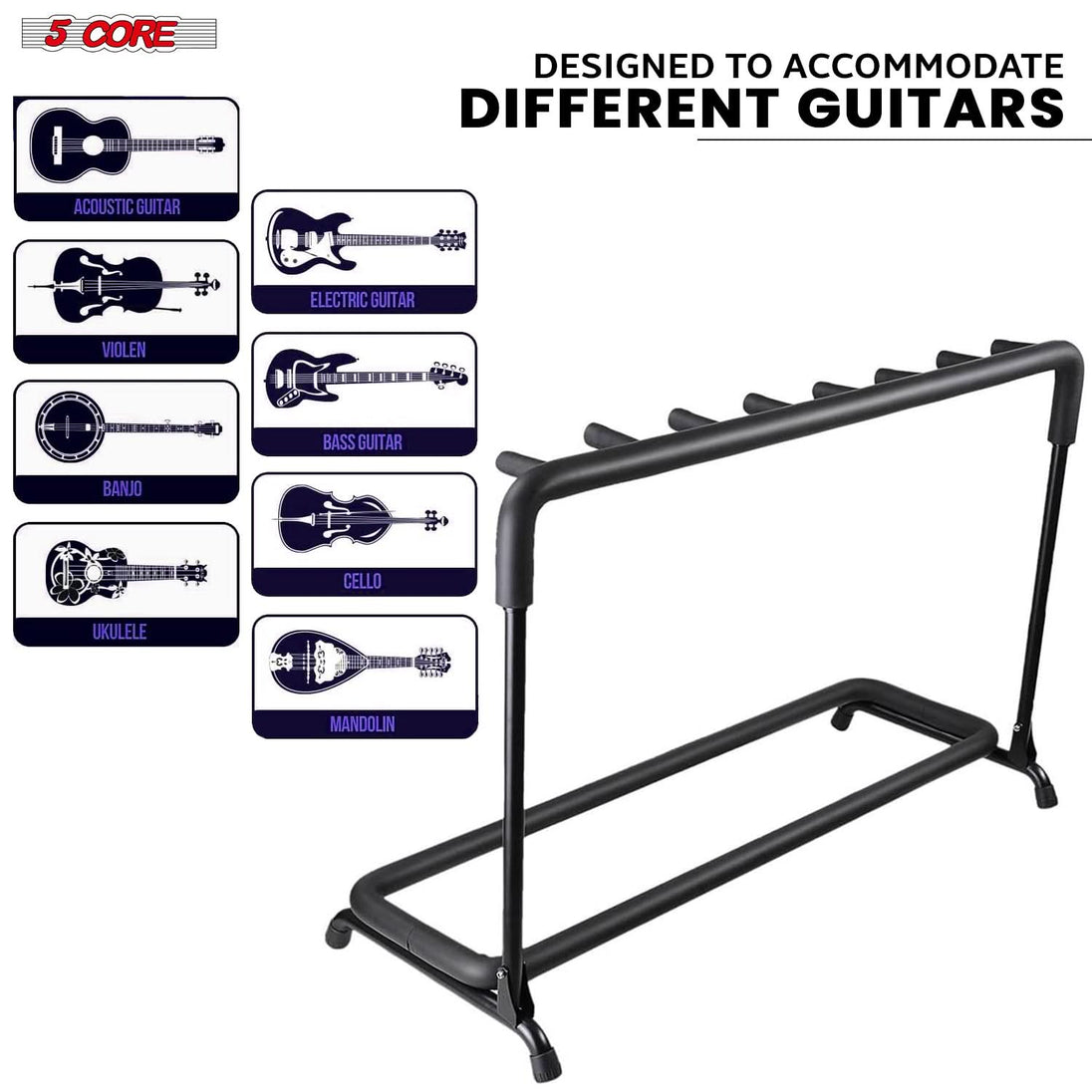 5Core Guitar Rack 7 Slot Multi Guitars Stands Floor Safe Storage for Electric Acoustic Flying V Guitars