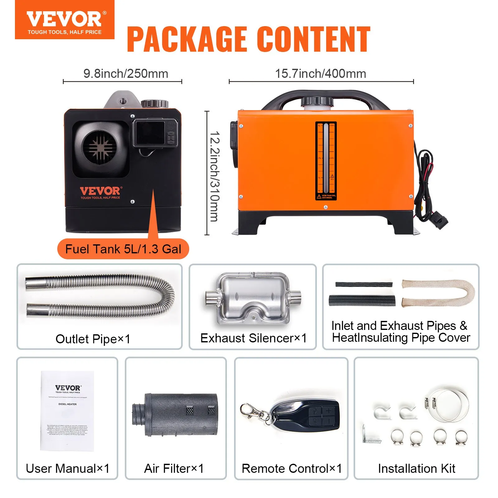 VEVOR 8KW Diesel Air Heater, Bluetooth App Control All-in-One Diesel Heater with Automatic Altitude Adjustment, Remote Control and LCD, Portable Parking Heater for RV, Trailer, Camper Van, Boat 