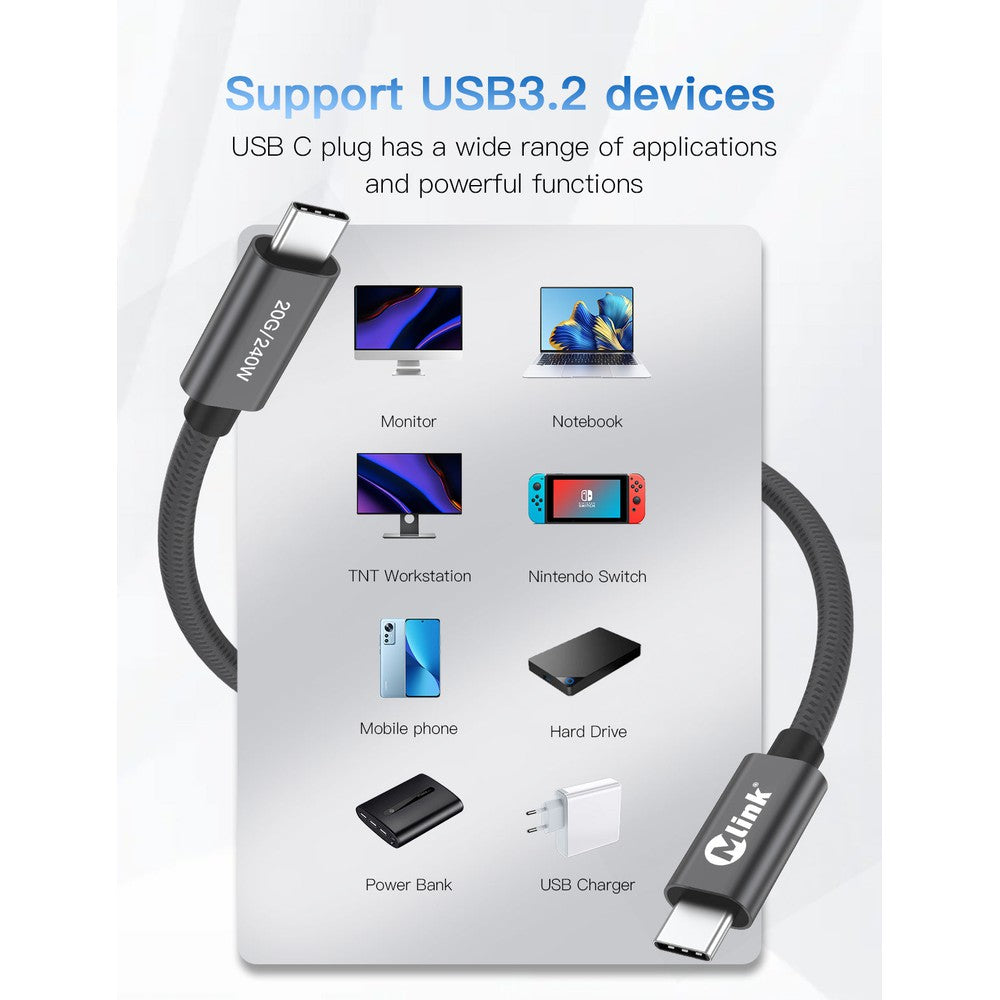 Câble tressé USB-C 3.2 PD240W 48V/5A 20Gops mâle à mâle de haute qualité
