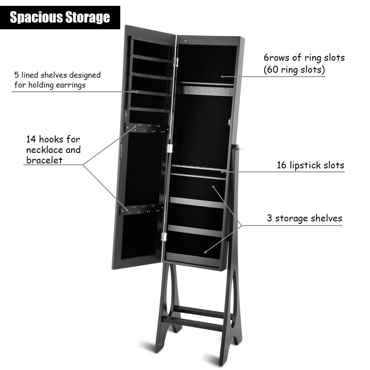 Standing Mirror Jewelry Cabinet-Black