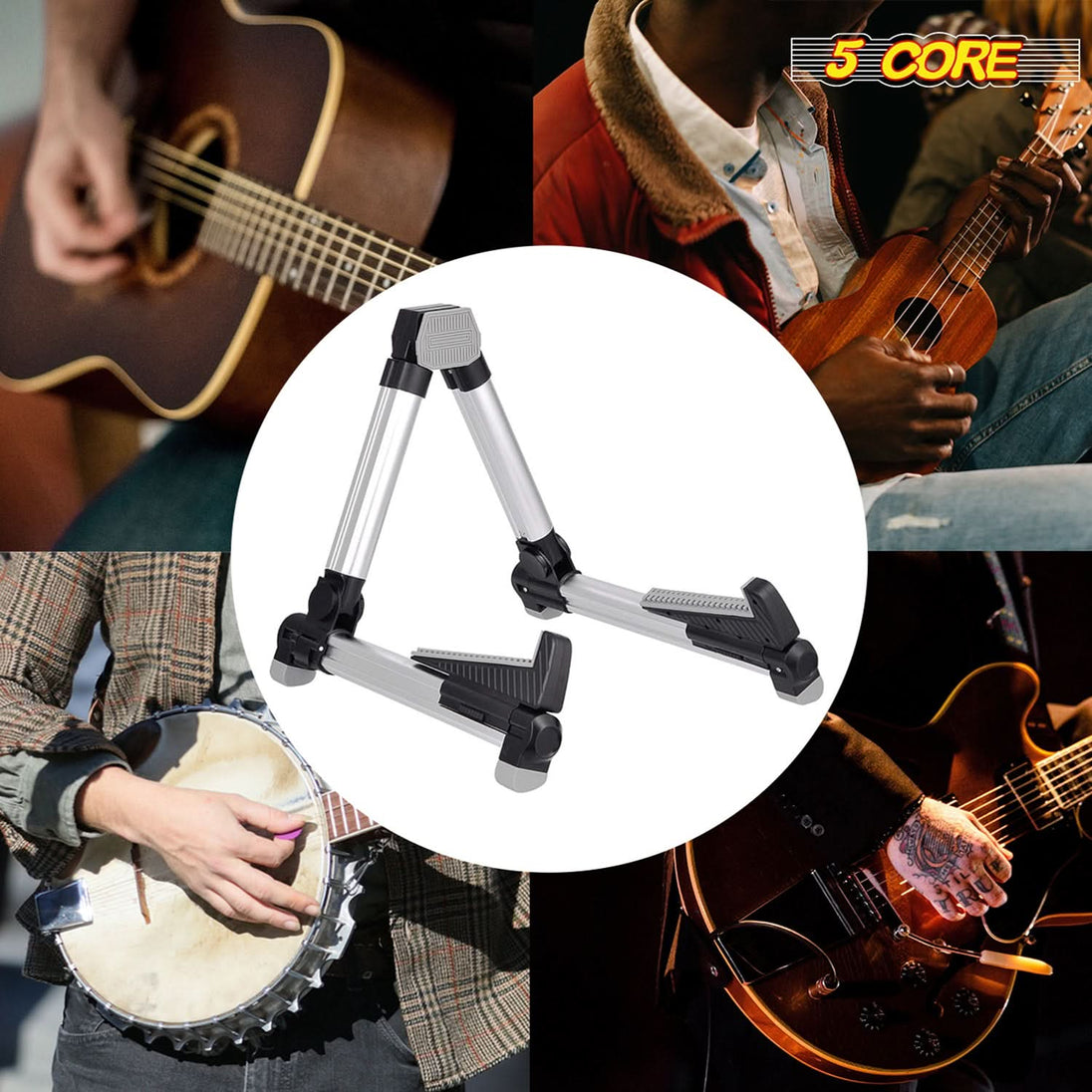 5Core Guitar Stand Floor Adjustable Aluminum A Frame Universal Folding Acoustic Electric Bass Stands SILVER