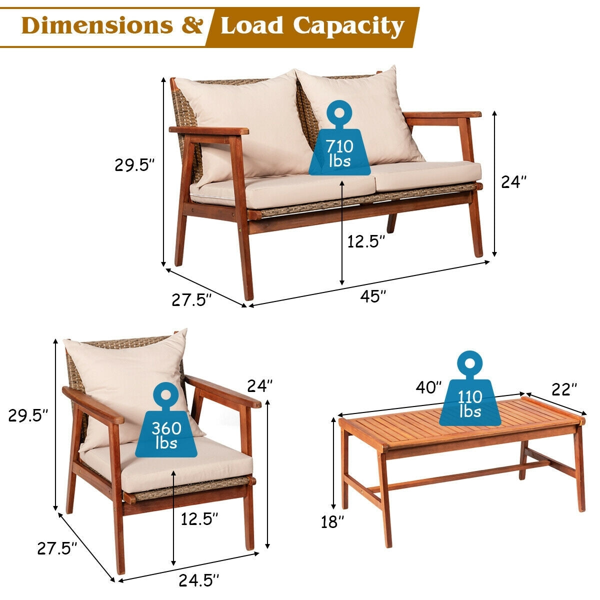 4 Pieces Acacia Wood Patio Rattan Furniture Set-Brown