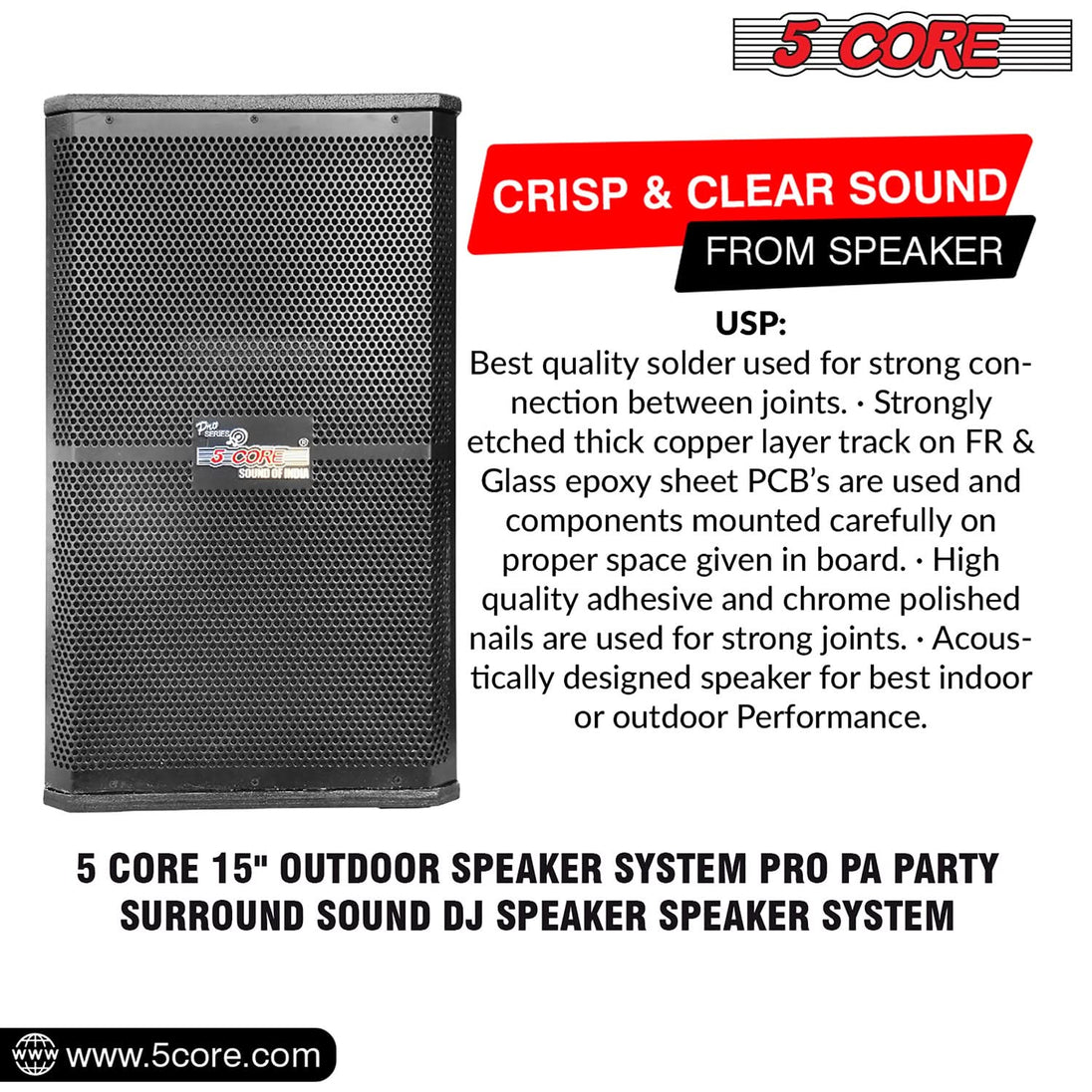 5Core Portable Cabinet PA DJ Speaker System 15 Inch 2000W Passive 2 Way Loudspeaker