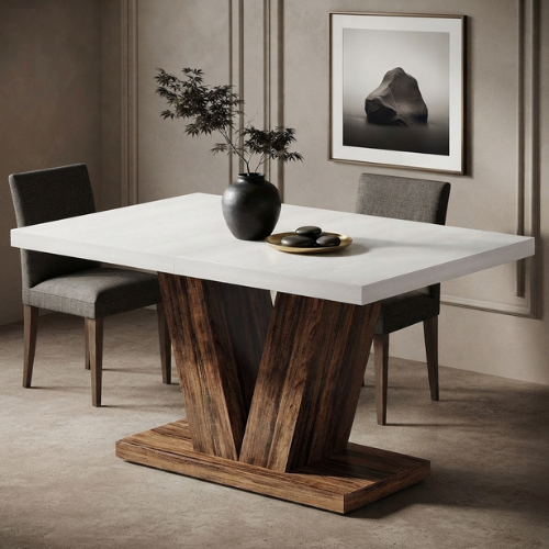 47" Farmhouse Dining Table, White & Oak Wooden Kitchen Table with Pedestal Base, 4–6 Seater