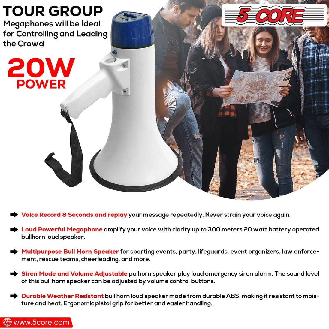 5Core Megaphone Bullhorn Speaker 20W Bull Horn Battery Power Cheer Megafono Loudspeaker