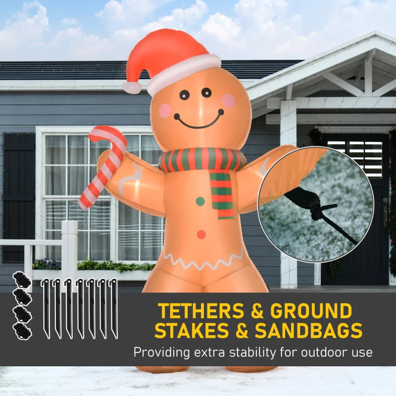 HOMCOM 8FT Inflatable Christmas Gingerbread Man with Candy Cane, Outdoor Blow Up Yard Decoration with LED Lights 