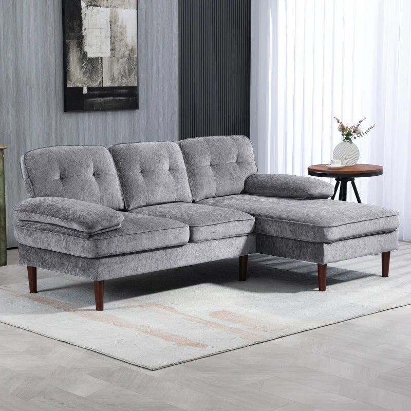 HOMCOM Modern Corner Couch with Right Chaise Lounge, Tufted 3-Seater Sofa with Wooden Legs for Living Room, Bedroom, Grey