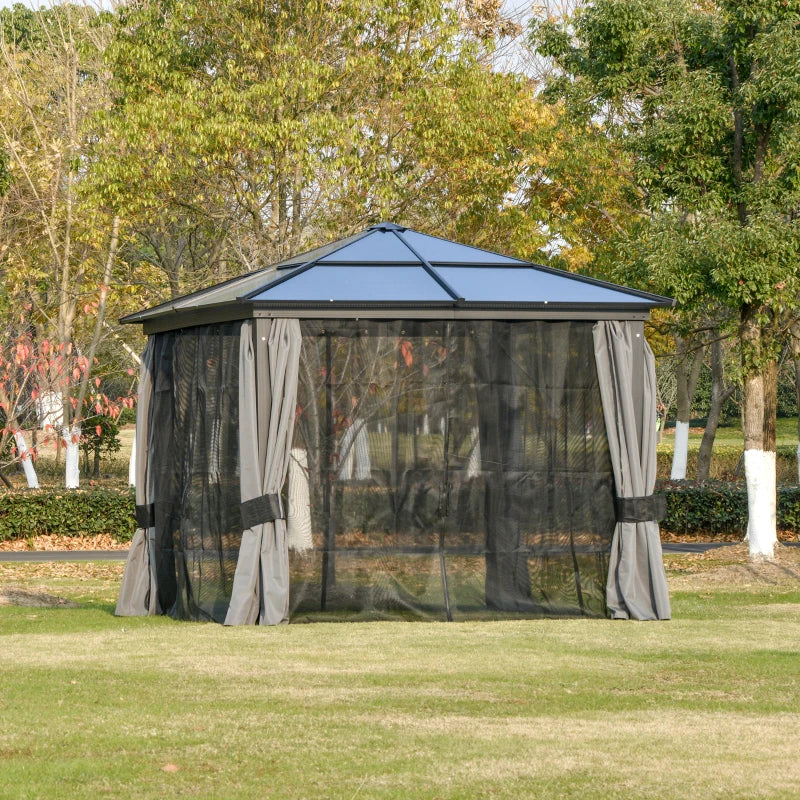 Outsunny 10x10ft Hardtop Gazebo with Aluminum Frame, Polycarbonate Gazebo Canopy with Curtains and Netting