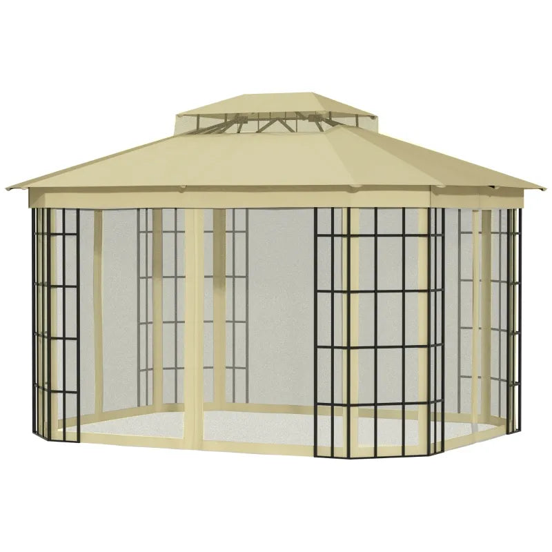 Outsunny 12'x10' Soft-top Patio Gazebo Canopy Steel Gazebo with Double Vented Roof, Mosquito Netting, Beige 