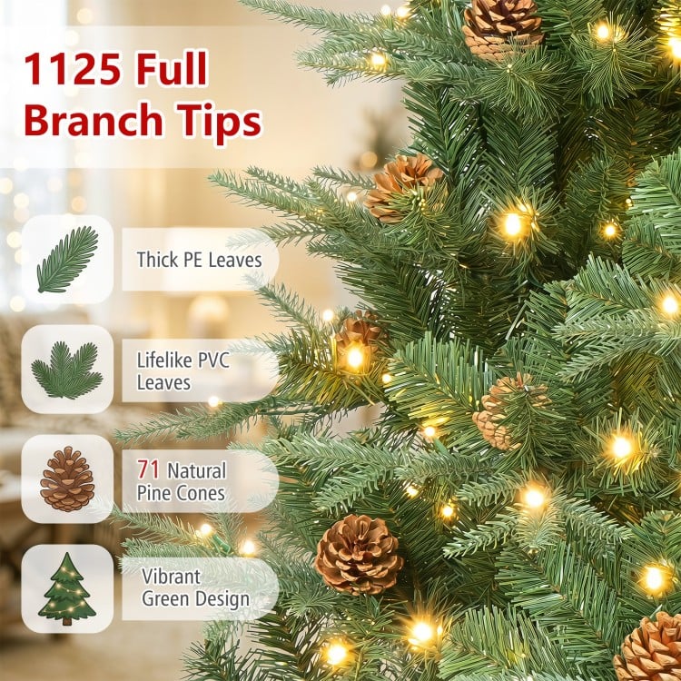 7.5 ft Artificial Christmas Tree with LED Lights and Pine Cones