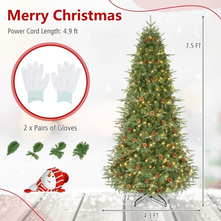 7.5 ft Artificial Christmas Tree with LED Lights and Pine Cones