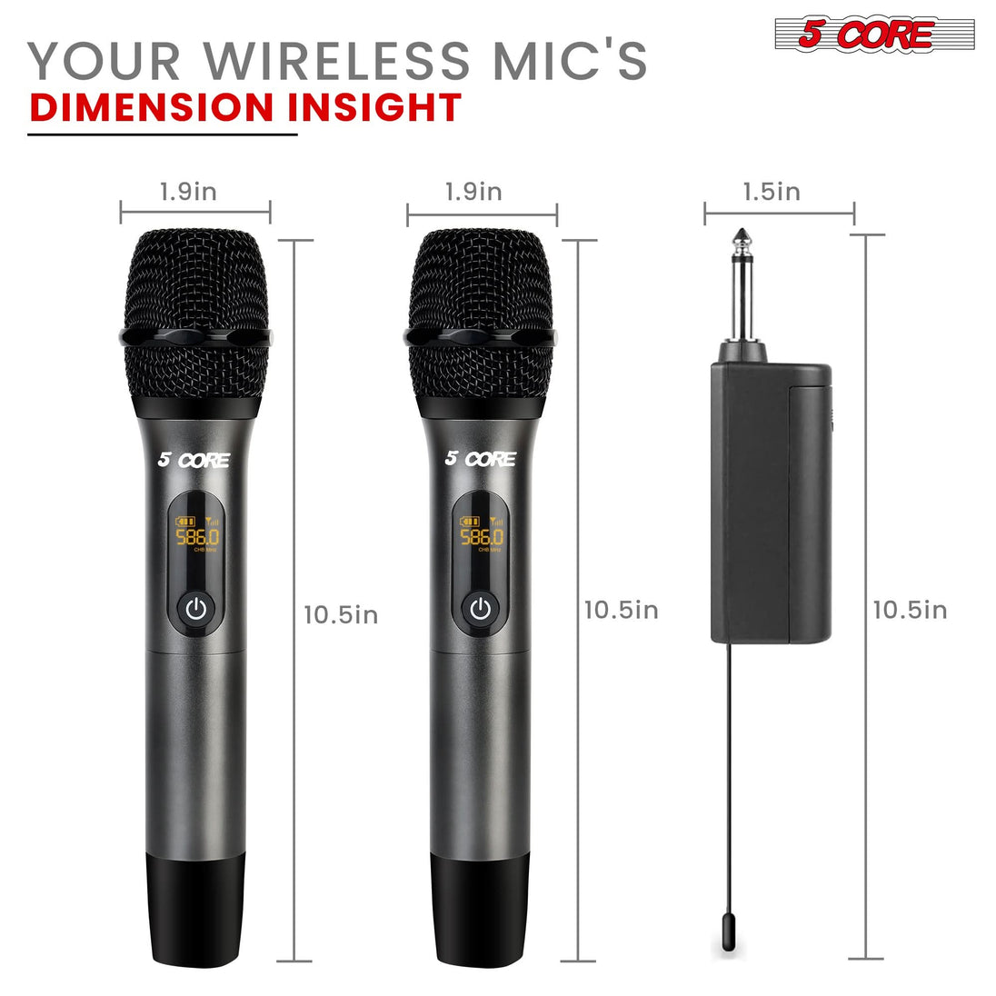 5Core Wireless Microphone Pair UHF Handheld Microfonos Inalambricos Cordless Mic GRAY