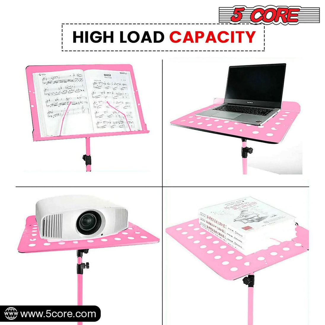 5Core Adjustable Music Stand for Sheet Music Portable Tripod Folding Note Holder Pink