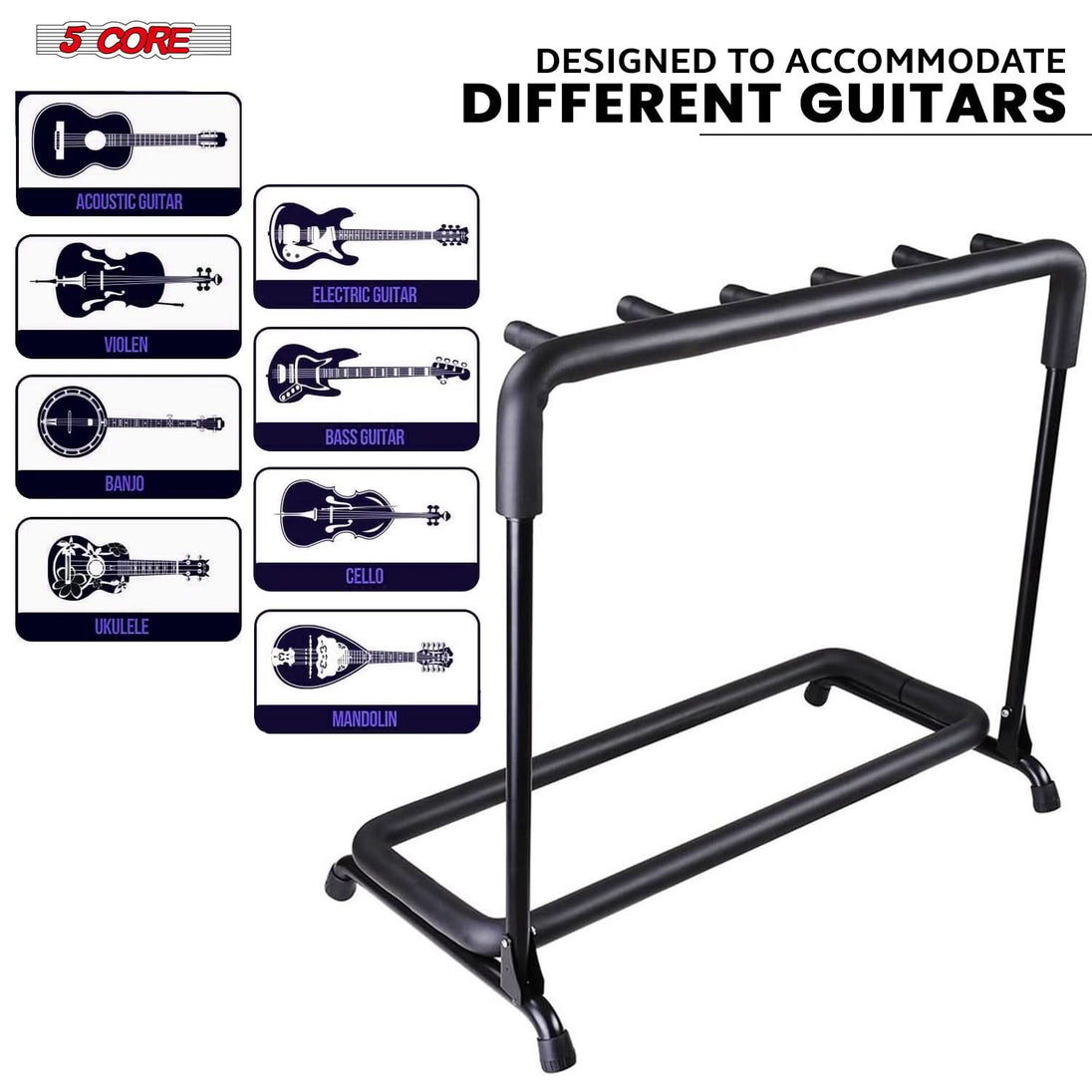 5Core Guitar Rack 5 Slot Multi Guitars Stands Floor Safe Storage for Electric Acoustic Flying V Guitars