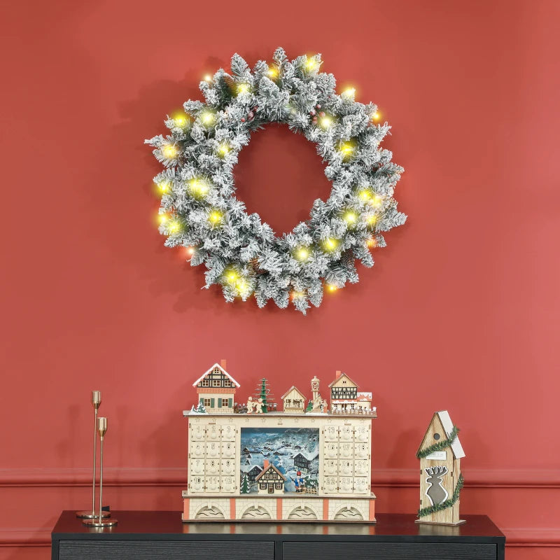 HOMCOM 24" Pre-Lit Artificial Christmas Wreath – Green Spruce with Cones, Red Berries & 20 LED Lights, Battery Operated 