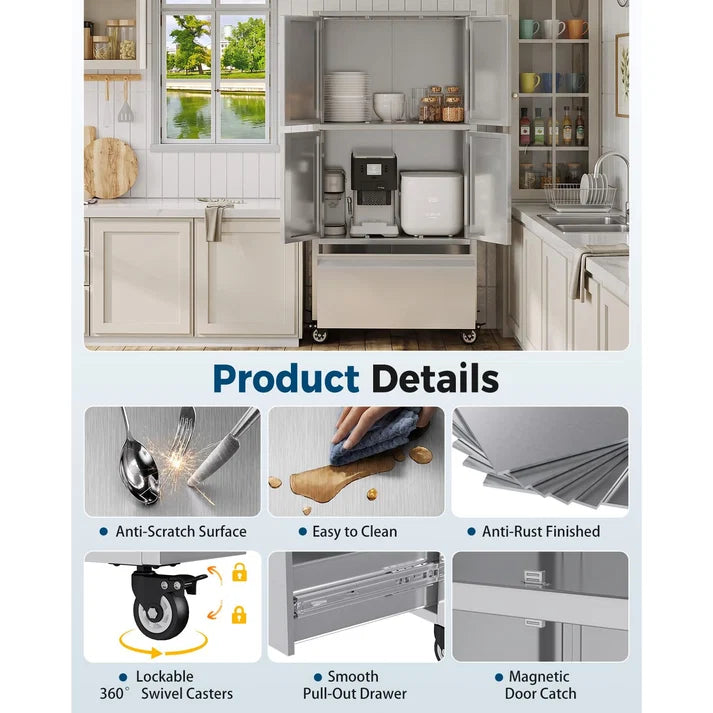 YODOLLA 58.3" Stainless Steel Storage Cabinet with Drawer & Locking Casters