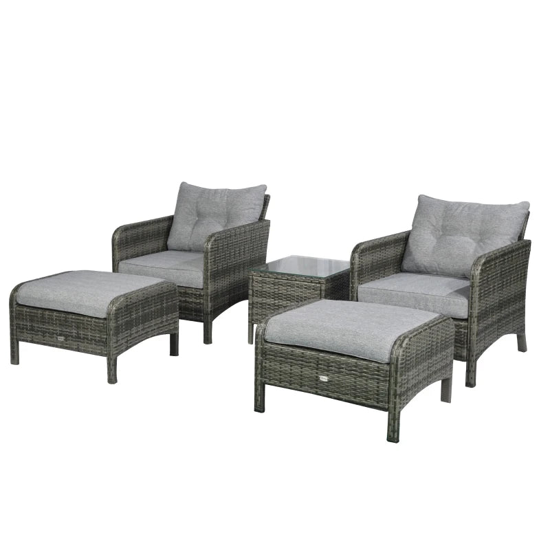 Outsunny 5 Pieces Wicker Patio Furniture Sofa Set Thick Padded Cushions, Outdoor PE Rattan Conversation Coffee Set with Armchairs, Footstools and Glass Top Table, Light Grey