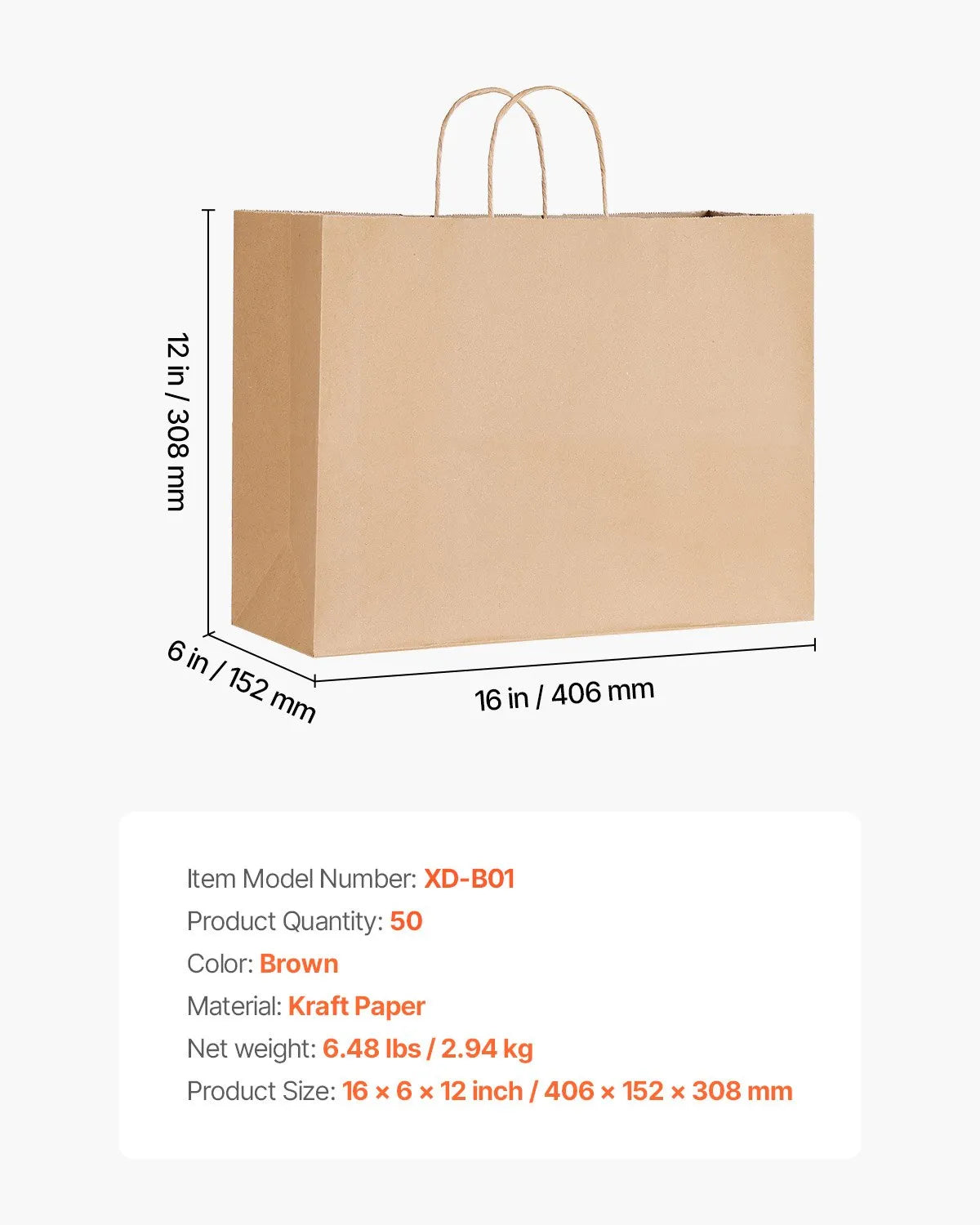 VEVOR Kraft Paper Bags with Handles – 50/100Pcs, 16 x 6 x 12 in, Large Reusable & Recycled Grocery/Party Bags – White, Brown, Black 
