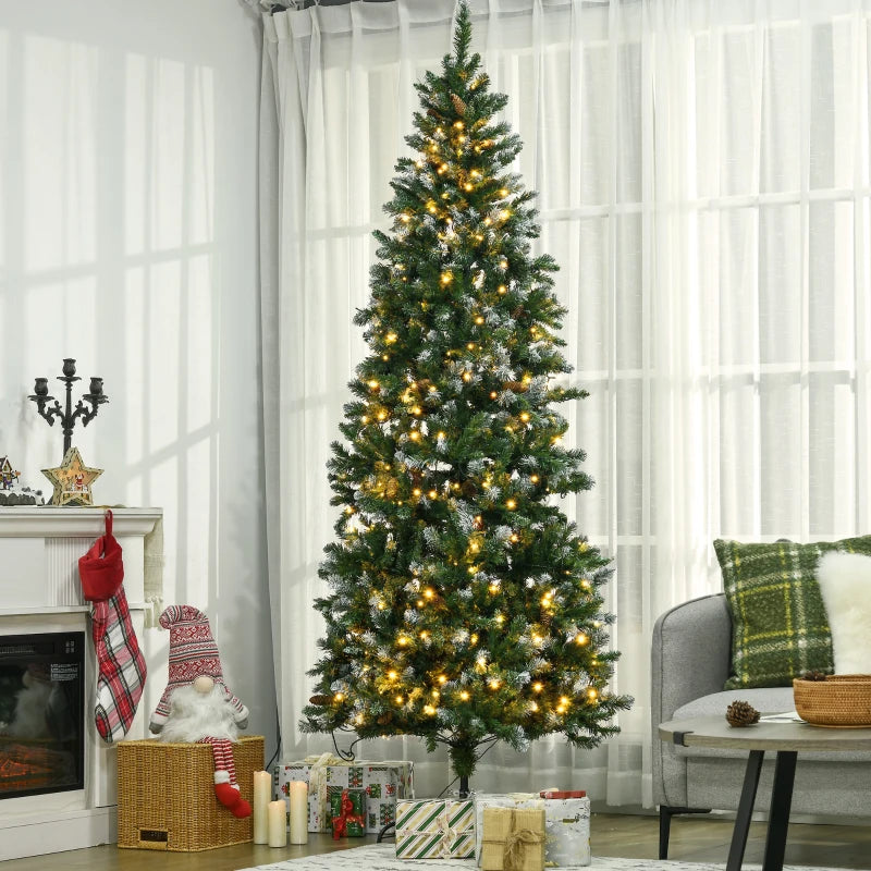 HOMCOM 7.5ft Decorated Skinny Pre-Lit Artificial Christmas Tree – Snow-Dipped Branches with Pinecones, Auto Open Design 