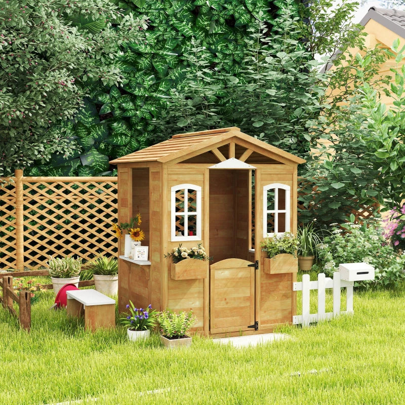 Outsunny Wooden Kids Playhouse – Yellow with Door, Windows, Mailbox, Flower Pot Holder & Serving Station Bench 