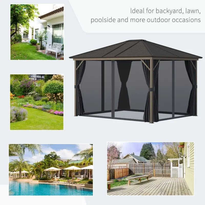 Outsunny 10' x 12' Deluxe Hardtop Gazebo with Metal Roof, Aluminum Frame Patio Gazebo Garden Sun Shelter Outdoor Pavilion with Curtains and Netting, Grey 