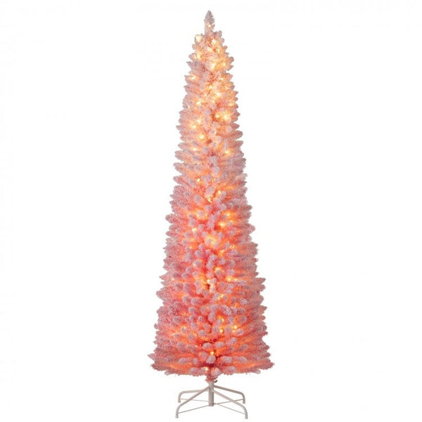 7 ft Snow-flocked Artificial Pink Christmas Tree Pre-lit Hinged Xmas Tree for Holiday Decoration