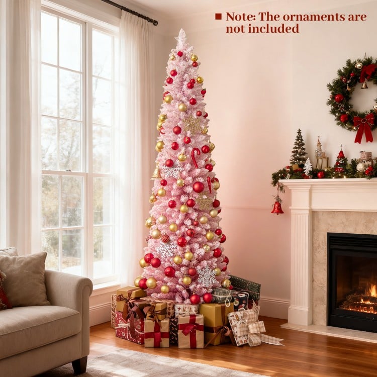 7 ft Snow-flocked Artificial Pink Christmas Tree Pre-lit Hinged Xmas Tree for Holiday Decoration