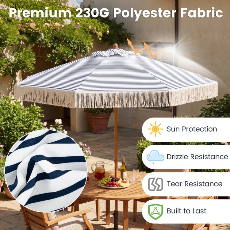 7 Feet Patio Umbrella with Fringe Sun-Protective Beach Umbrella with Boho Tassel-Blue