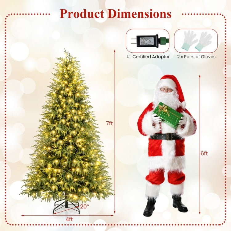 7 Feet Pre-Lit Artificial Christmas Tree Hinged Faux Xmas Tree with Soft Branch Tips