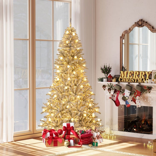 7 Feet Snow-flocked Artificial Christmas Tree Pre-lit Hinged with 81 Sphere Lights and Remote