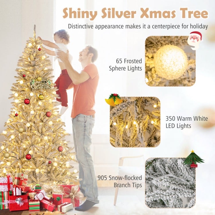 7 Feet Snow-flocked Artificial Christmas Tree Pre-lit Hinged with 81 Sphere Lights and Remote
