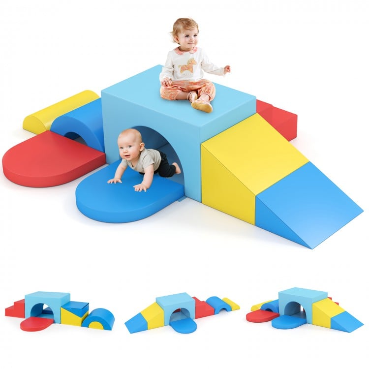 7-Piece Soft Foam Toddler Climbing Blocks Set PU Leather for 1+ Year Old-Blue