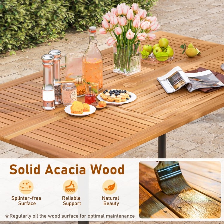 7 Pieces Outdoor Dining Set Acacia Wood Table with Umbrella Hole and Cushions-White