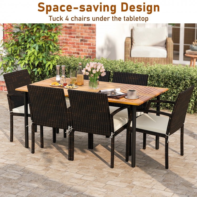 7 Pieces Outdoor Dining Set Acacia Wood Table with Umbrella Hole and Cushions-White